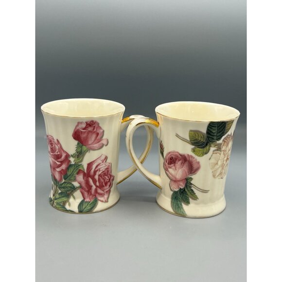 Burton & Burton Floral Rose Porcelain Mugs Set Of 2 Gold Accents Pink Romance - Picture 10 of 10